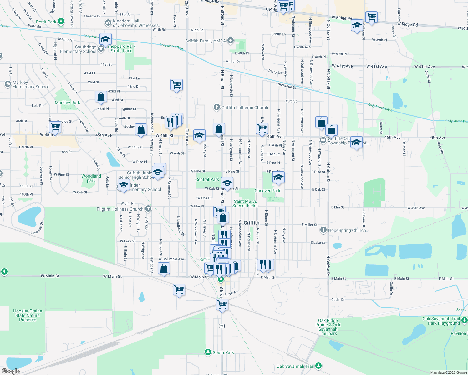 map of restaurants, bars, coffee shops, grocery stores, and more near 603 N Lafayette St in Griffith