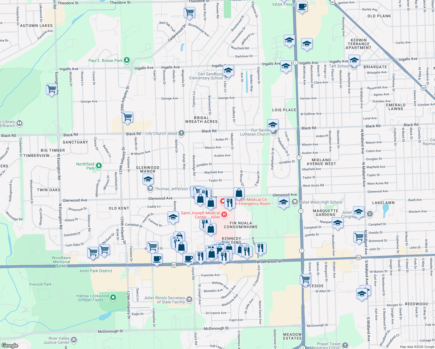 map of restaurants, bars, coffee shops, grocery stores, and more near 2216 Mayfield Ave in Joliet