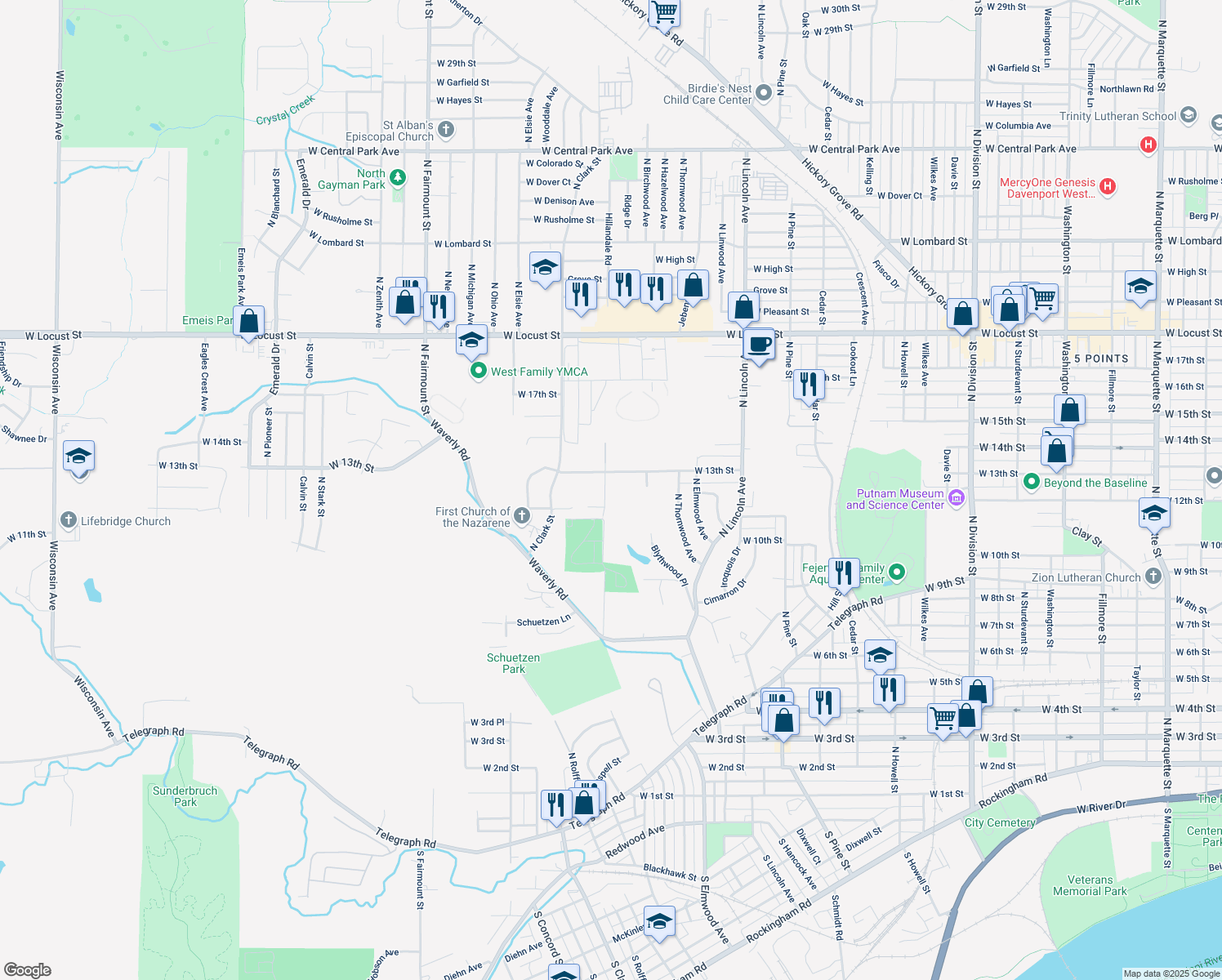 map of restaurants, bars, coffee shops, grocery stores, and more near 1211 Hillandale Rd in Davenport