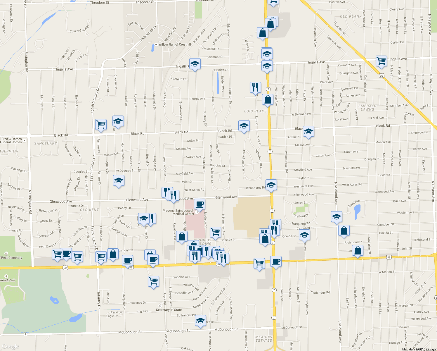 map of restaurants, bars, coffee shops, grocery stores, and more near 507 Ann Court in Joliet