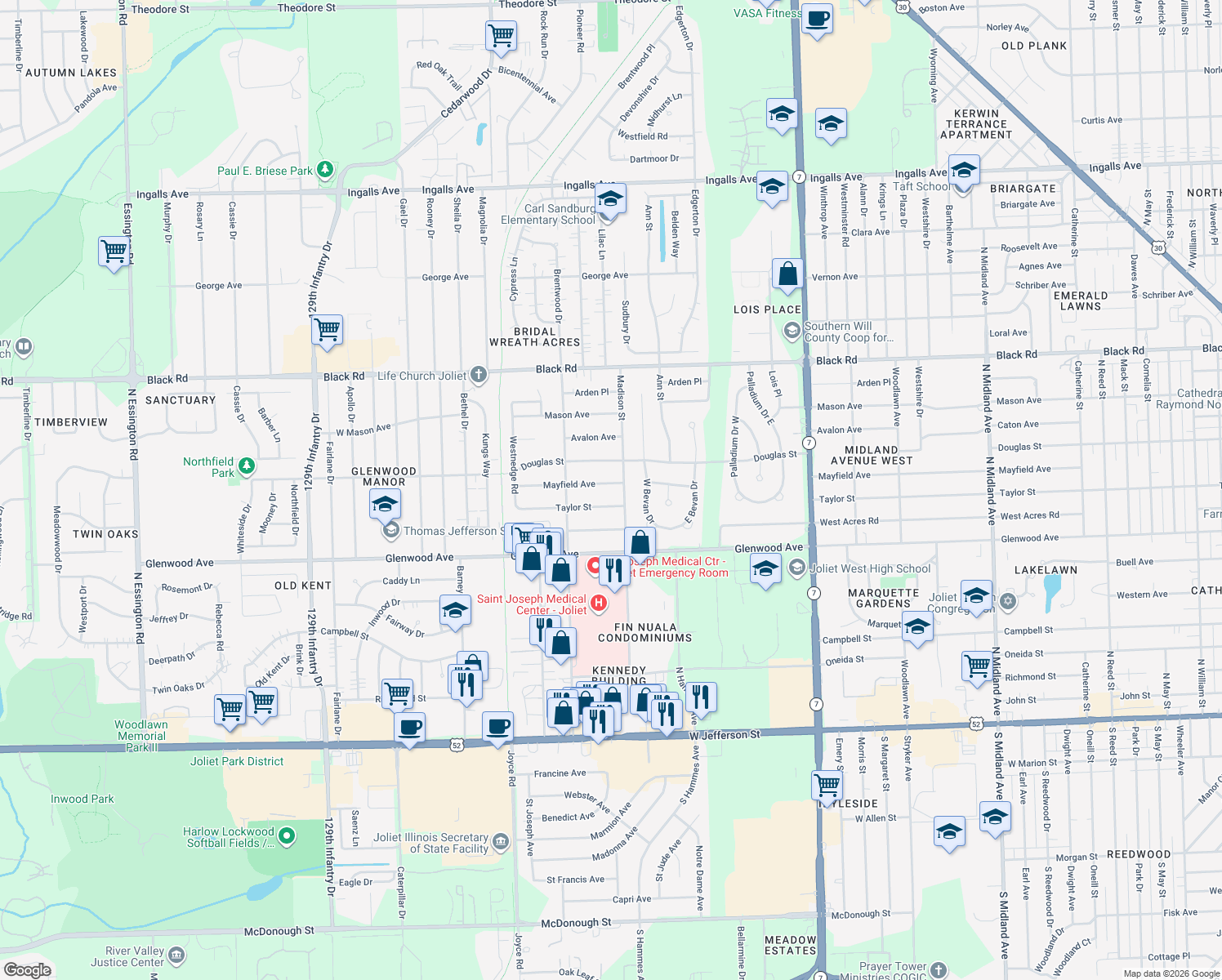 map of restaurants, bars, coffee shops, grocery stores, and more near 2204 Mayfield Avenue in Joliet