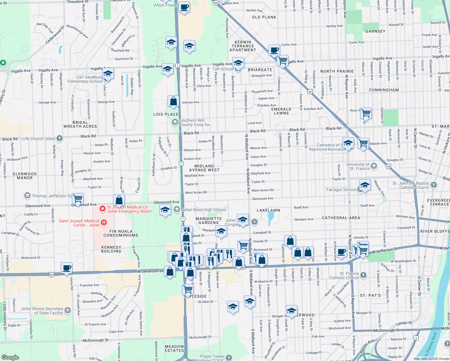 map of restaurants, bars, coffee shops, grocery stores, and more near 1505 Taylor Street in Joliet