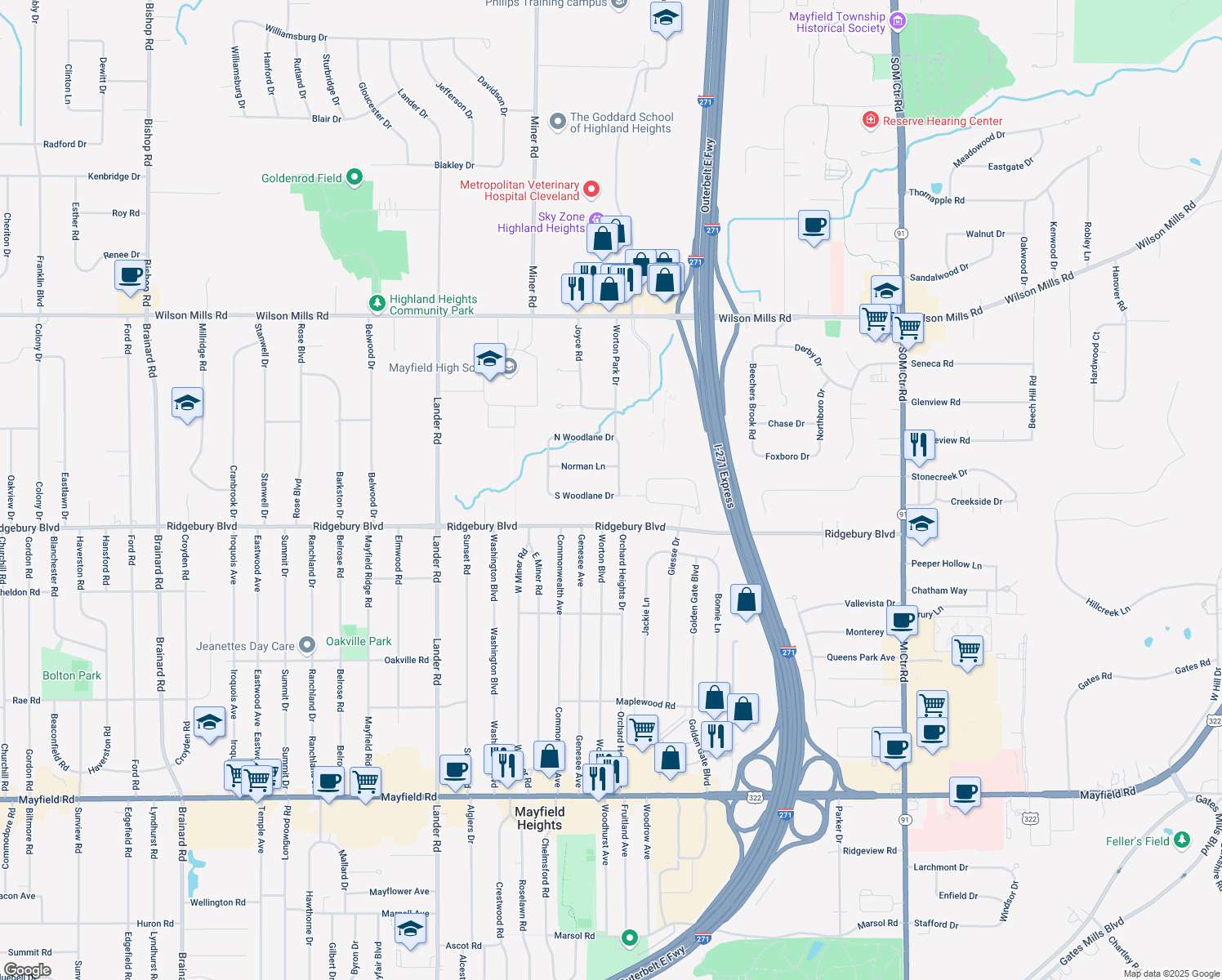 map of restaurants, bars, coffee shops, grocery stores, and more near 1028 Worton Park Drive in Mayfield