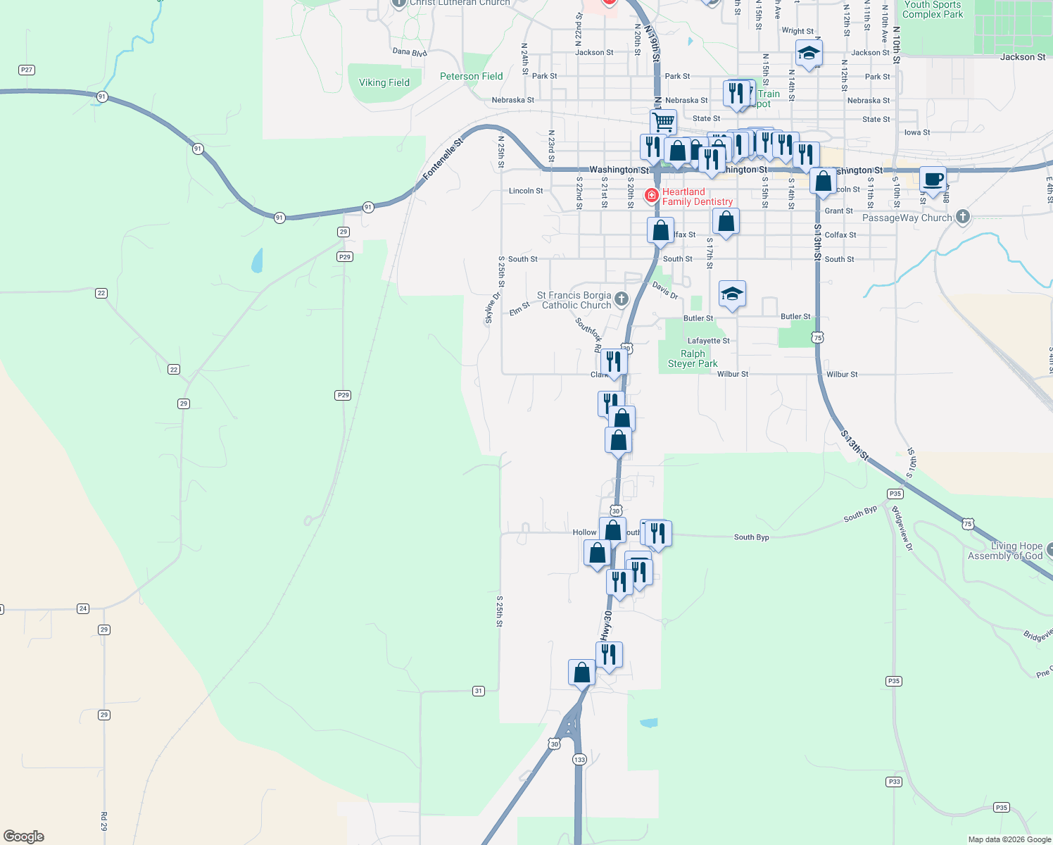 map of restaurants, bars, coffee shops, grocery stores, and more near 2429 Clark Street in Blair