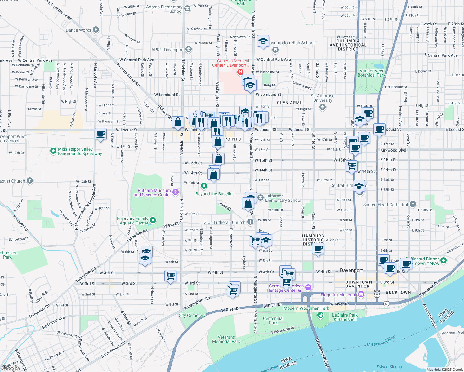 map of restaurants, bars, coffee shops, grocery stores, and more near 1403 West 13th Street in Davenport