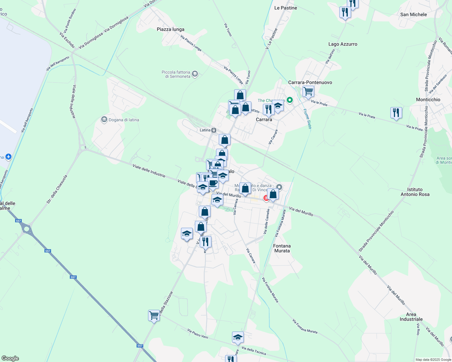 map of restaurants, bars, coffee shops, grocery stores, and more near 31 Via del Pioppeto in Latina Scalo