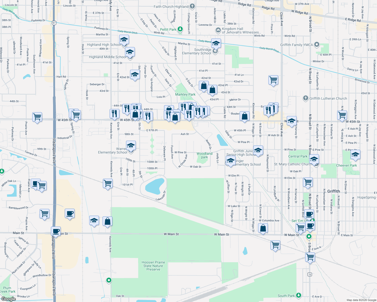 map of restaurants, bars, coffee shops, grocery stores, and more near 653 N Oriole Ct in Griffith