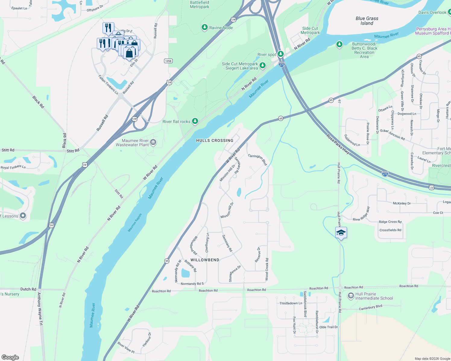 map of restaurants, bars, coffee shops, grocery stores, and more near 26209 Seminary Road in Perrysburg