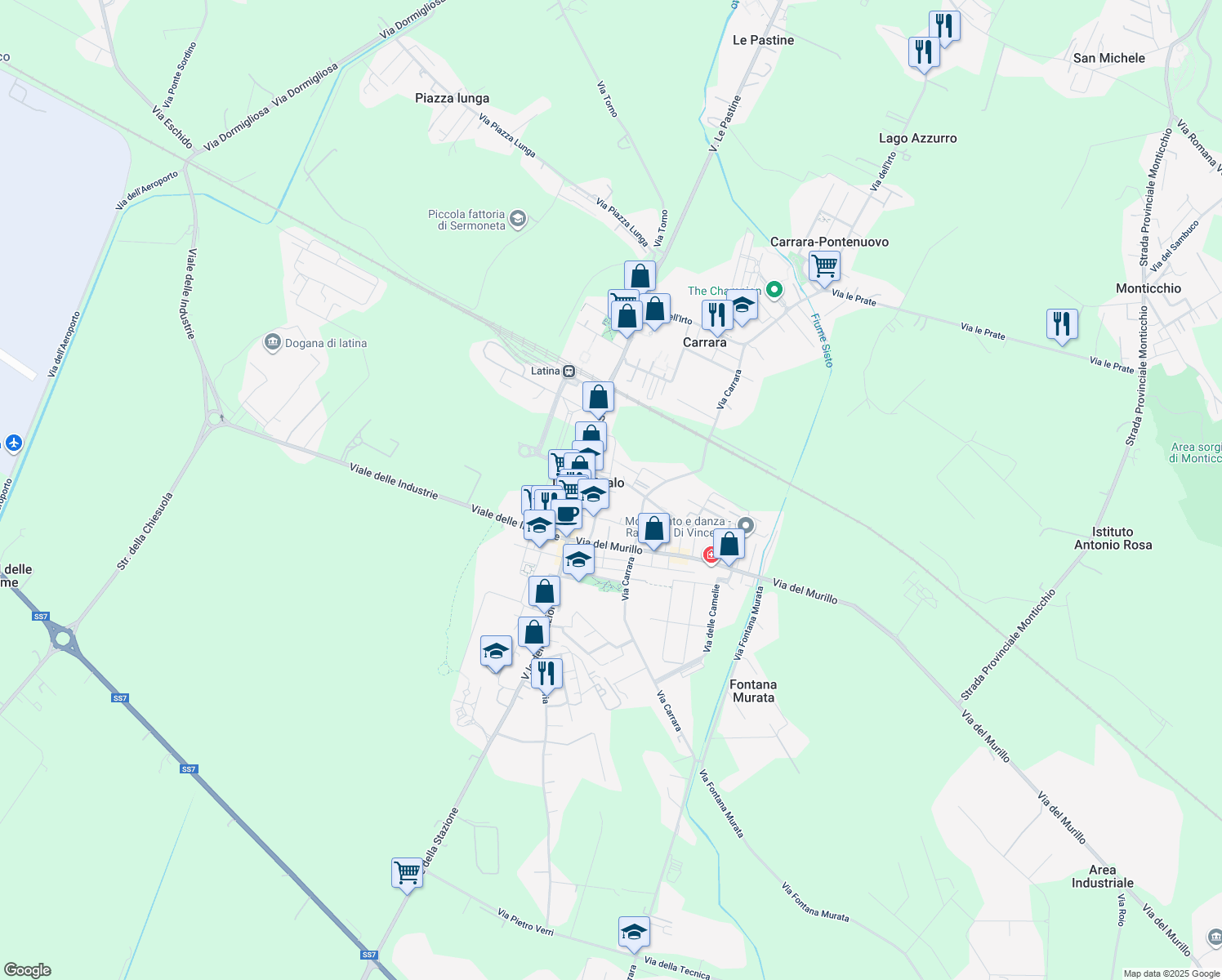 map of restaurants, bars, coffee shops, grocery stores, and more near 31 Via del Pioppeto in Latina Scalo