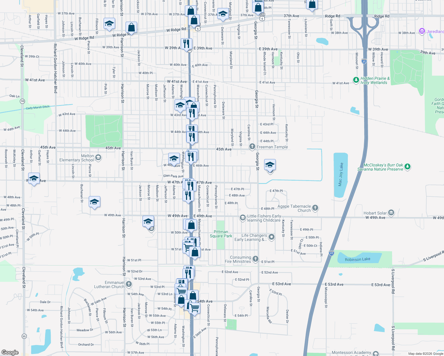 map of restaurants, bars, coffee shops, grocery stores, and more near 4668 Delaware Street in Gary