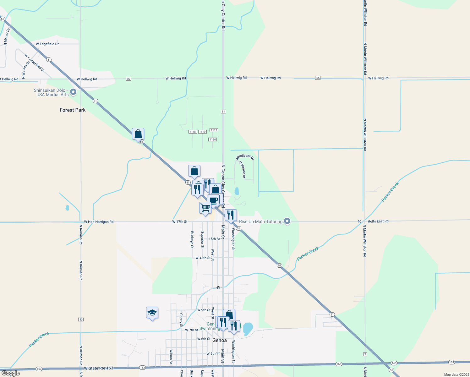 map of restaurants, bars, coffee shops, grocery stores, and more near 1243 North Genoa Clay Center Road in Genoa