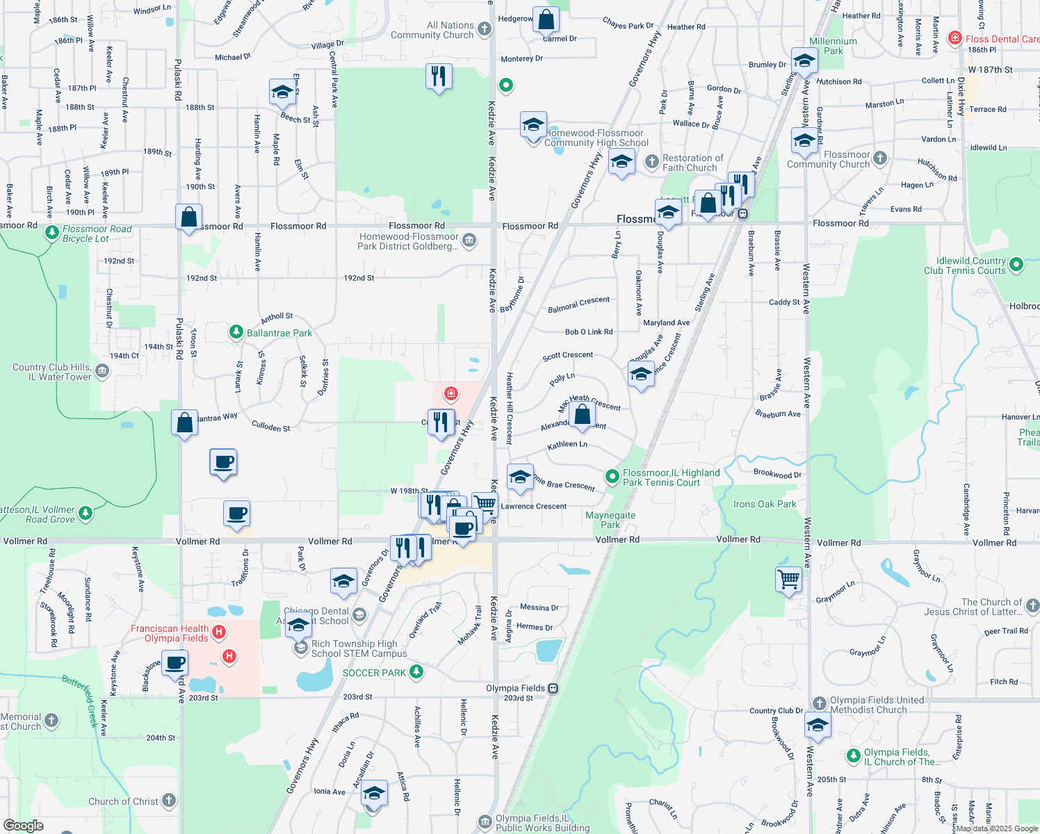 map of restaurants, bars, coffee shops, grocery stores, and more near 3118 Polly Ln in Flossmoor