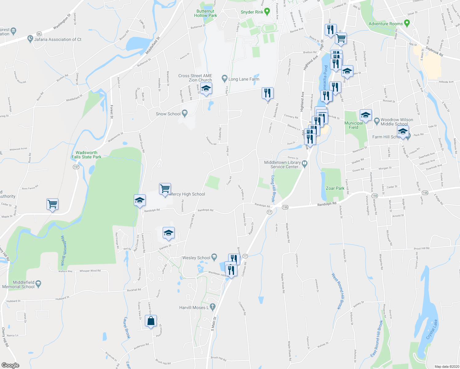 map of restaurants, bars, coffee shops, grocery stores, and more near 72 Coles Road in Middletown
