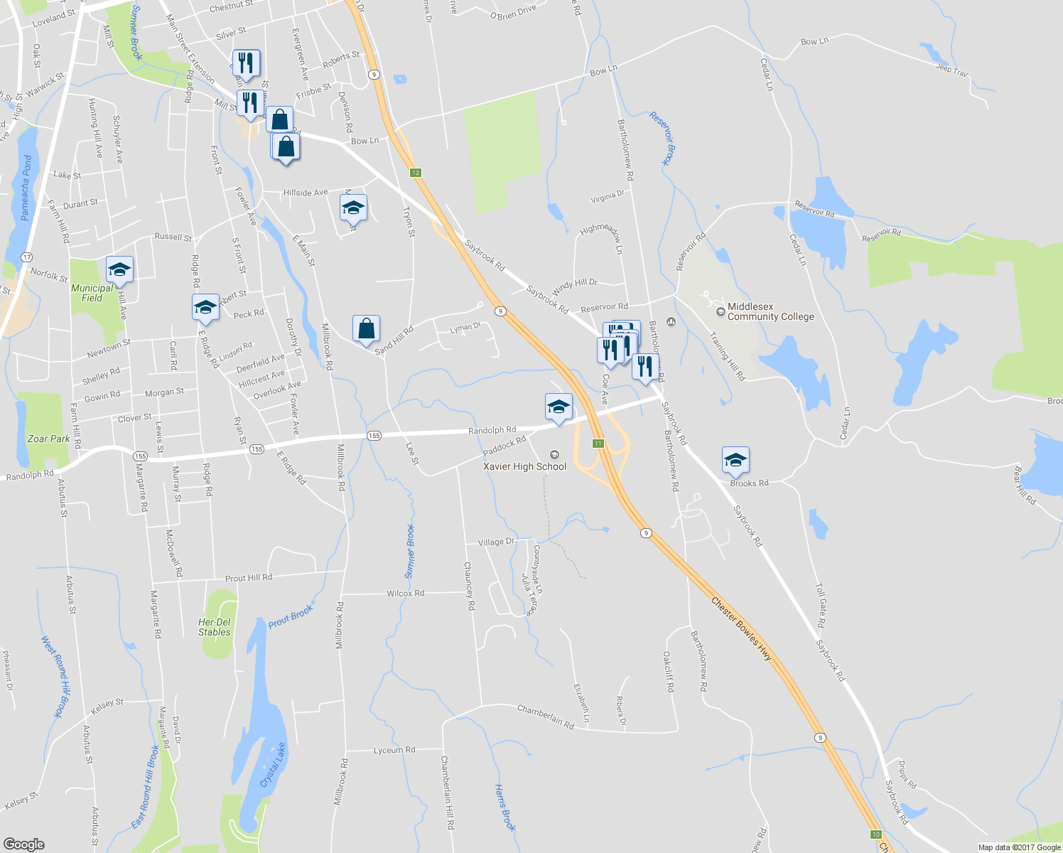 map of restaurants, bars, coffee shops, grocery stores, and more near 224 Randolph Road in Middletown