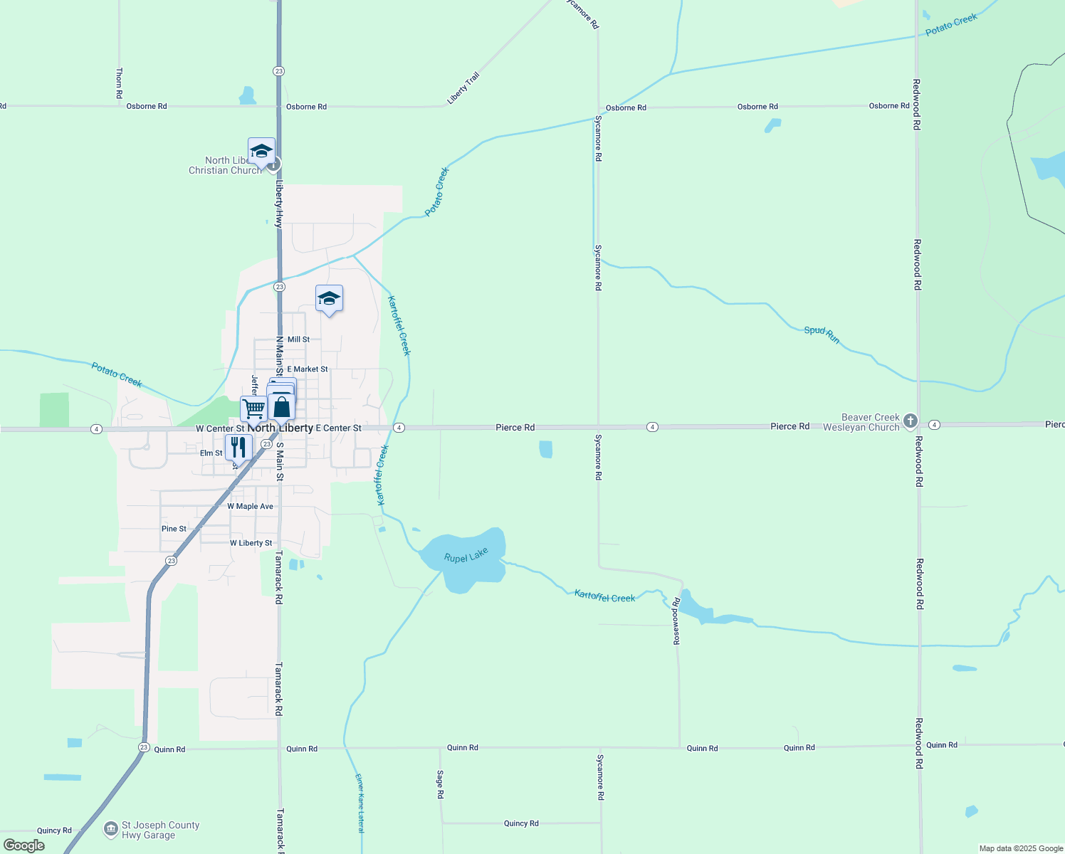map of restaurants, bars, coffee shops, grocery stores, and more near Pierce Road in North Liberty