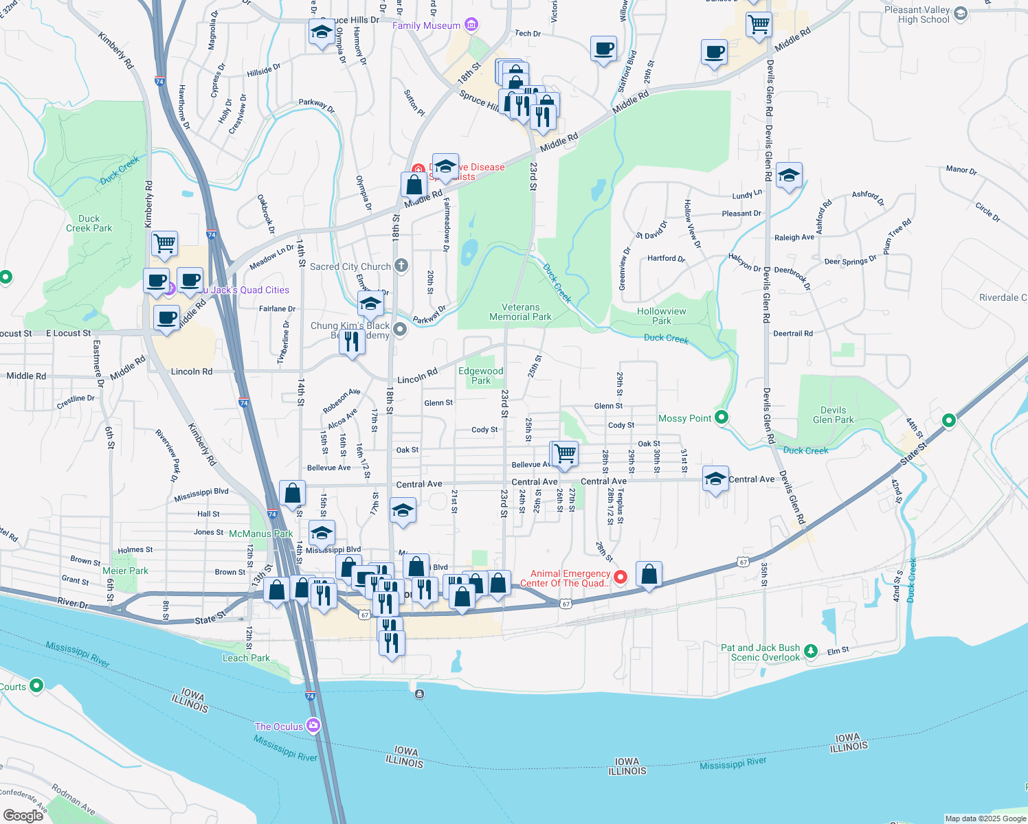 map of restaurants, bars, coffee shops, grocery stores, and more near 2316 23rd Street Court in Bettendorf