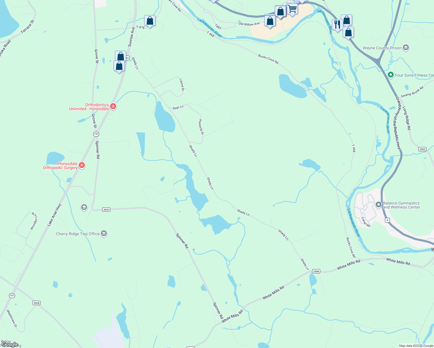 map of restaurants, bars, coffee shops, grocery stores, and more near 1233 Shady Lane in Honesdale