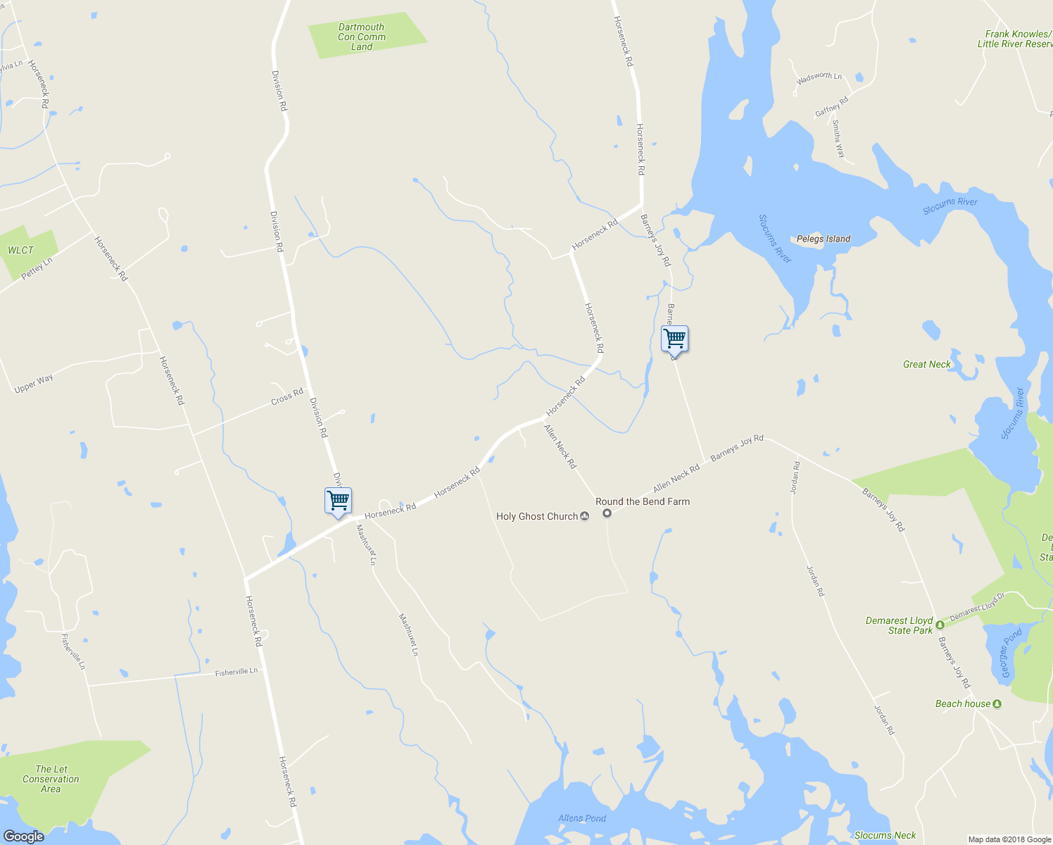 map of restaurants, bars, coffee shops, grocery stores, and more near 649 Horseneck Road in Dartmouth
