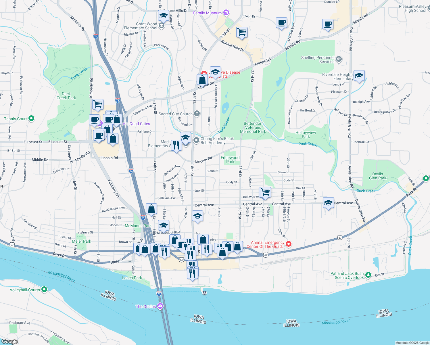 map of restaurants, bars, coffee shops, grocery stores, and more near 2015 Glenn St in Bettendorf