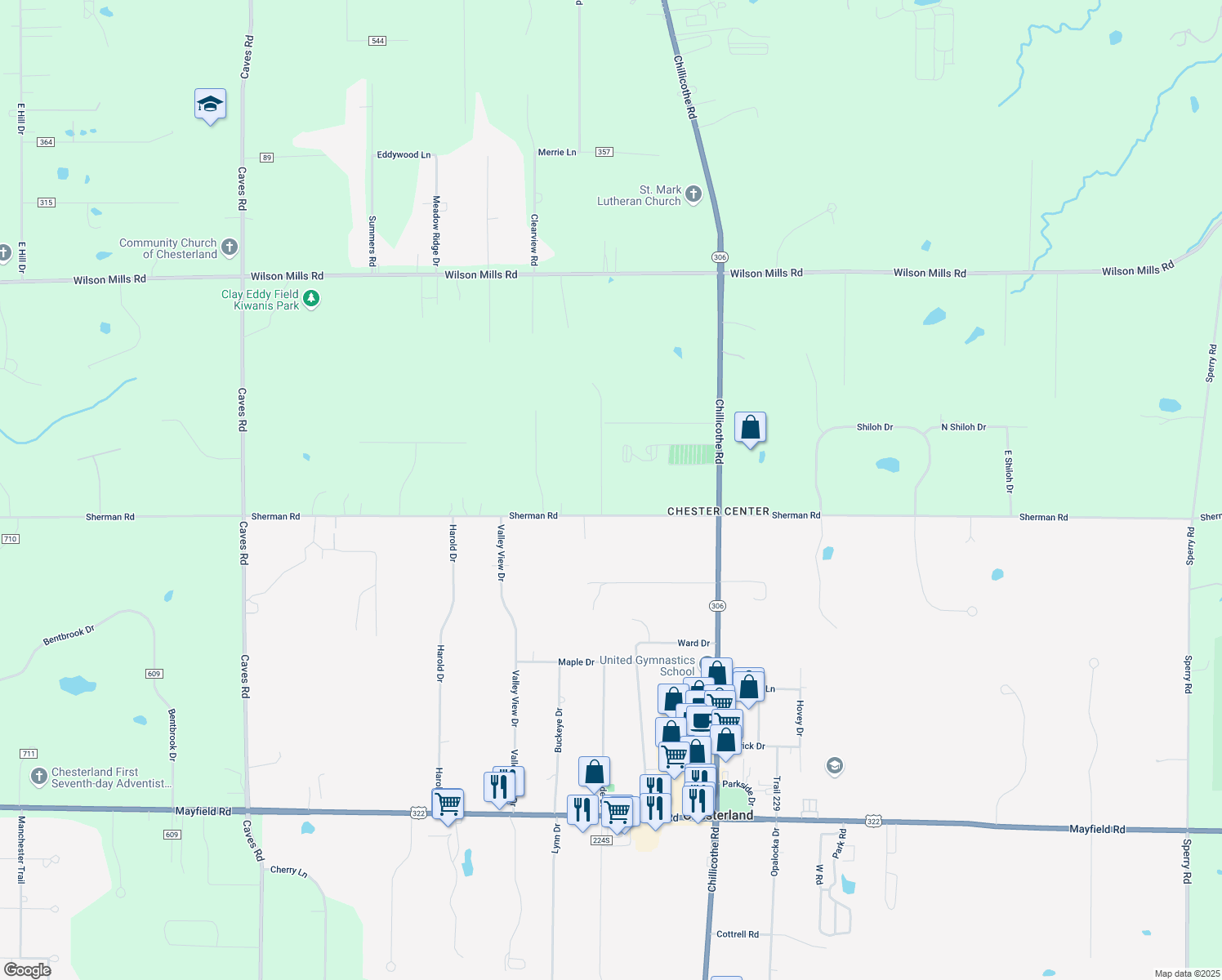 map of restaurants, bars, coffee shops, grocery stores, and more near 12305 Reserve Lane in Chesterland