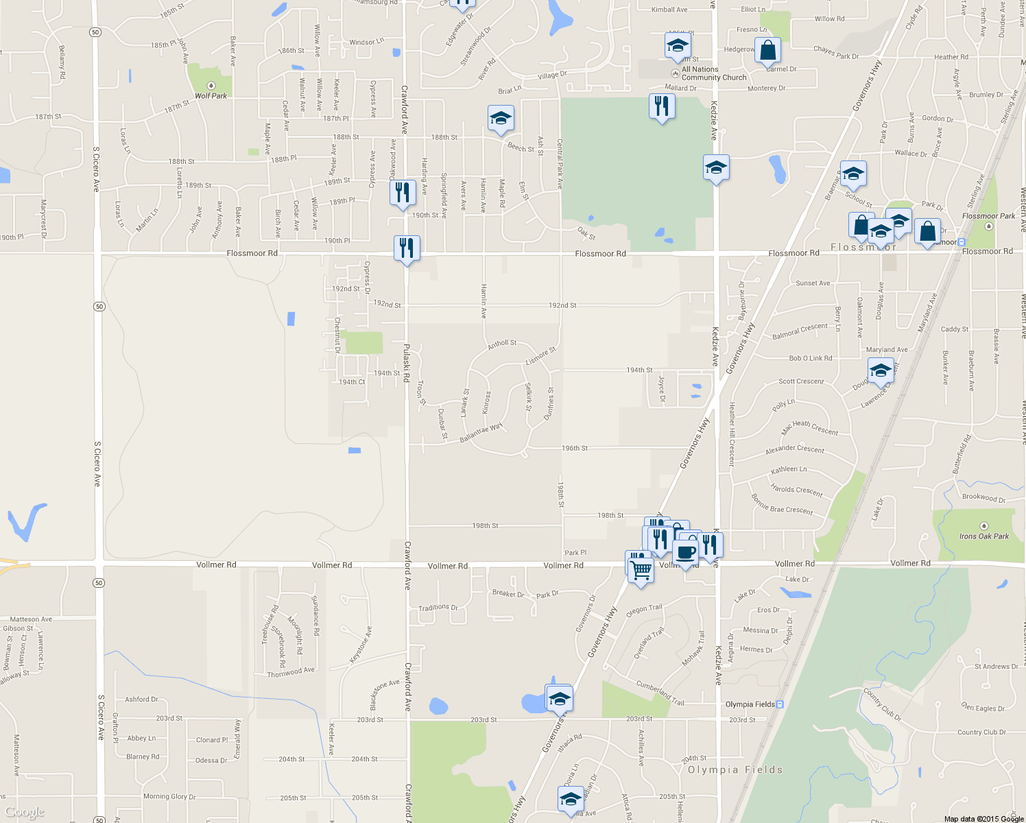 map of restaurants, bars, coffee shops, grocery stores, and more near 3722 Ballantrae Way in Flossmoor