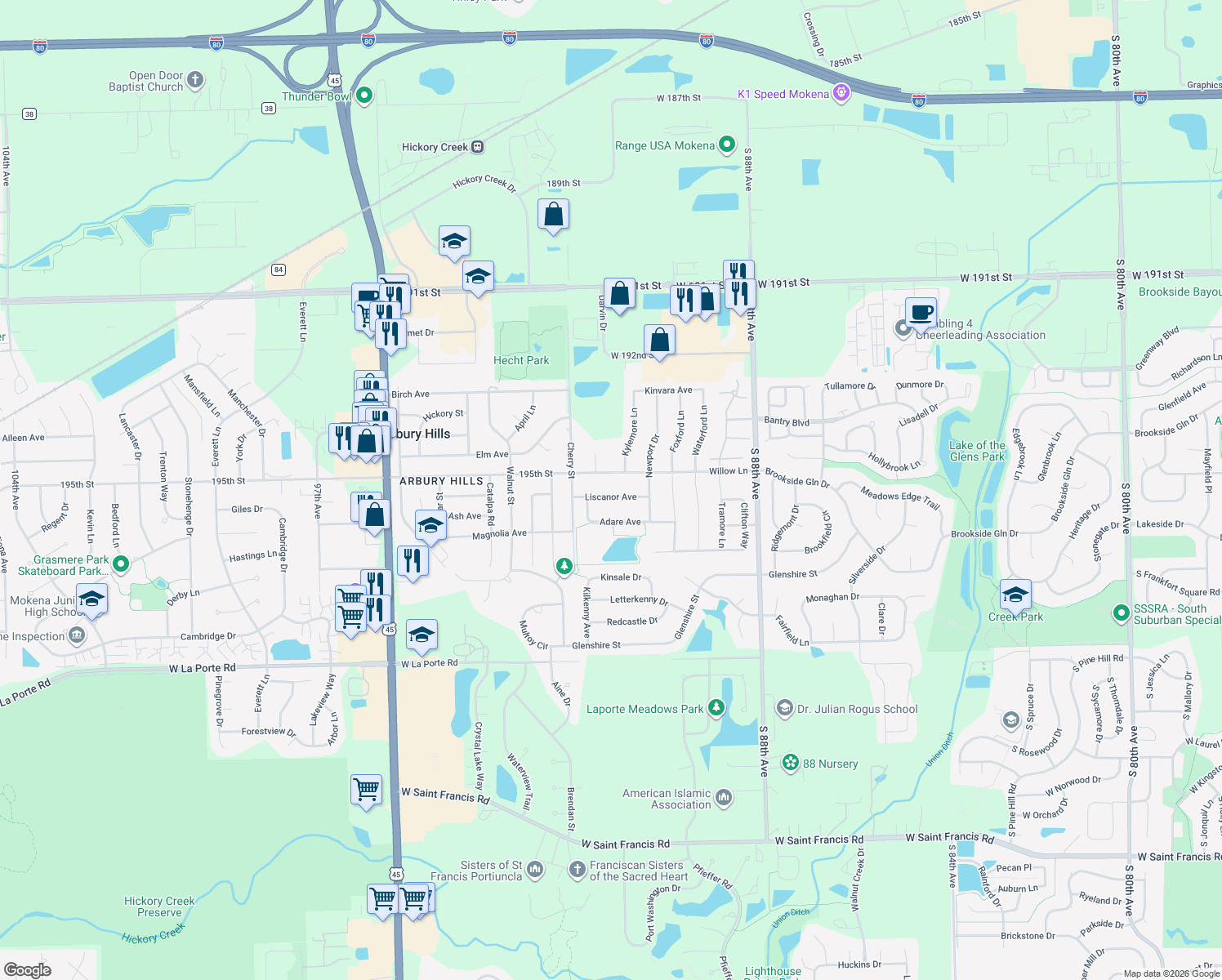 map of restaurants, bars, coffee shops, grocery stores, and more near 9056 Liscanor Avenue in Mokena