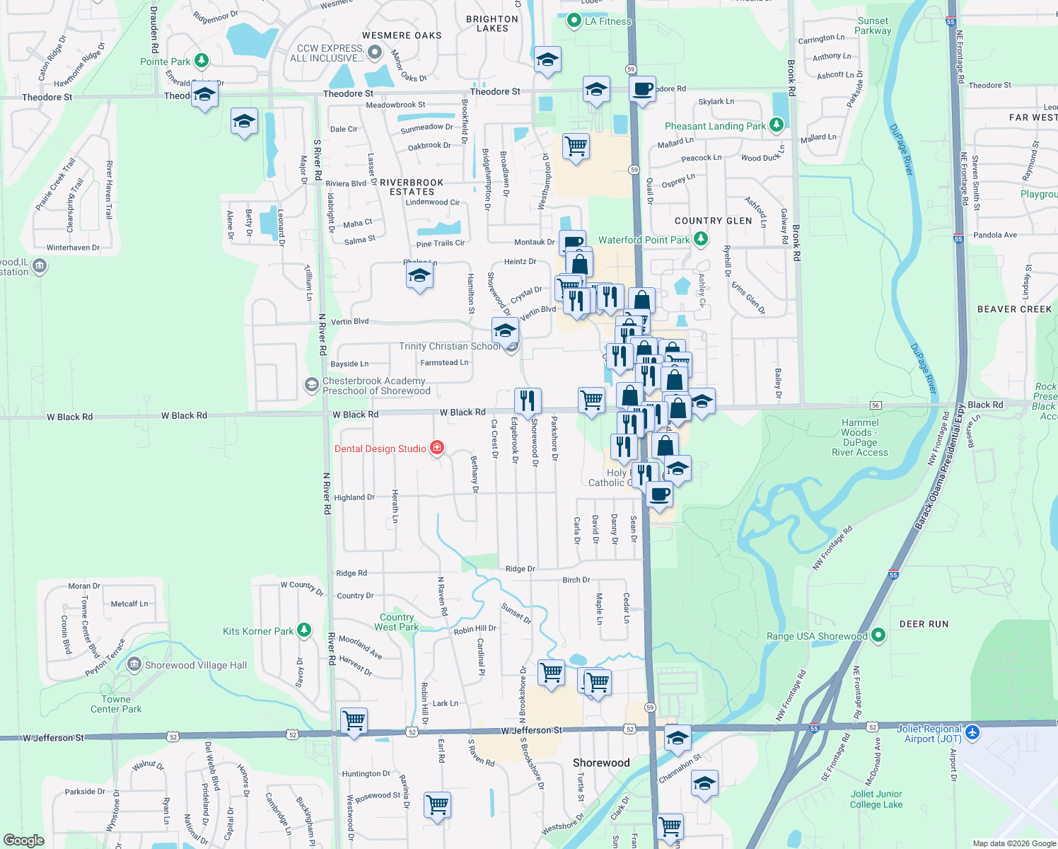 map of restaurants, bars, coffee shops, grocery stores, and more near 629 Shorewood Drive in Shorewood