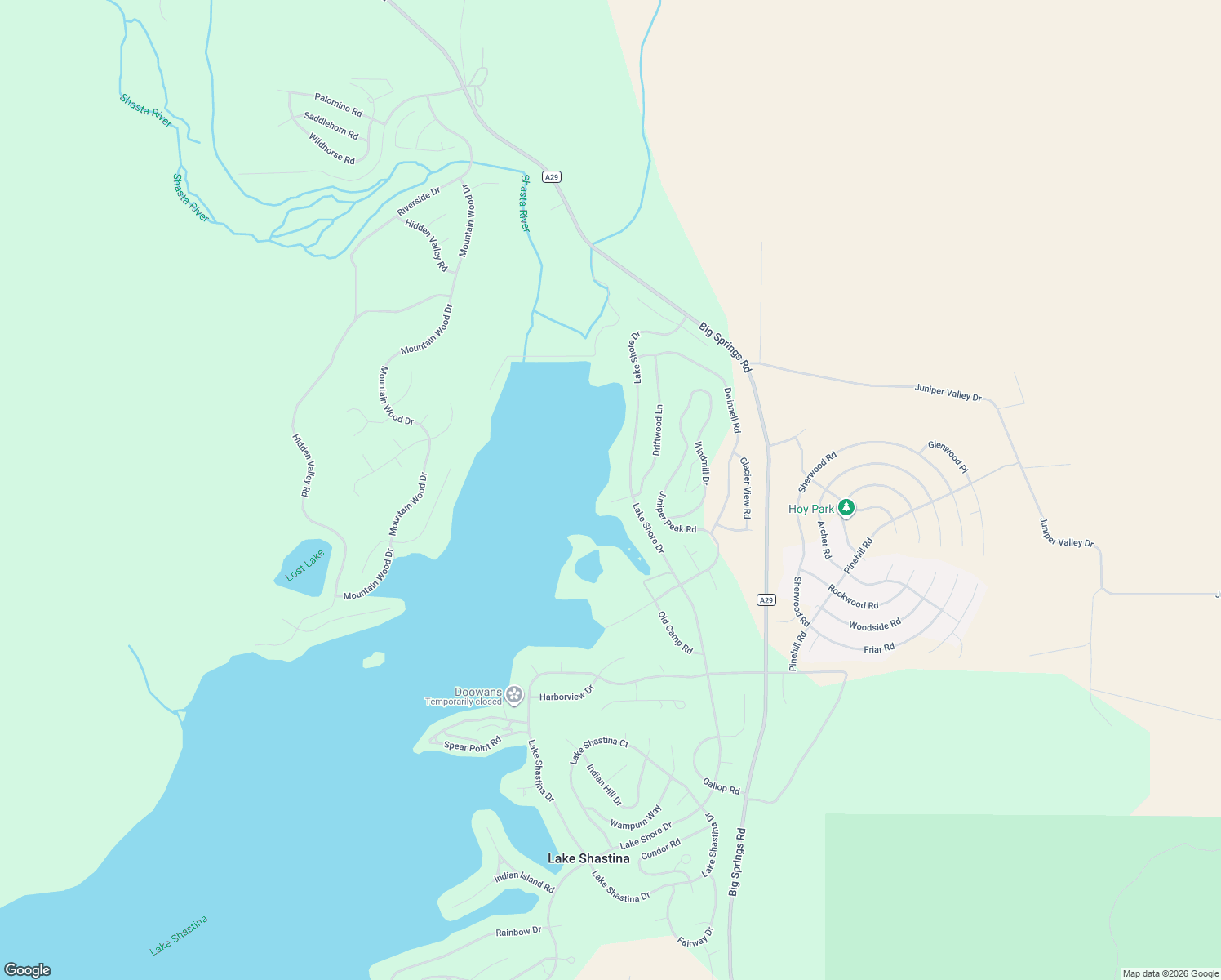 map of restaurants, bars, coffee shops, grocery stores, and more near Driftwood Lane in Lake Shastina