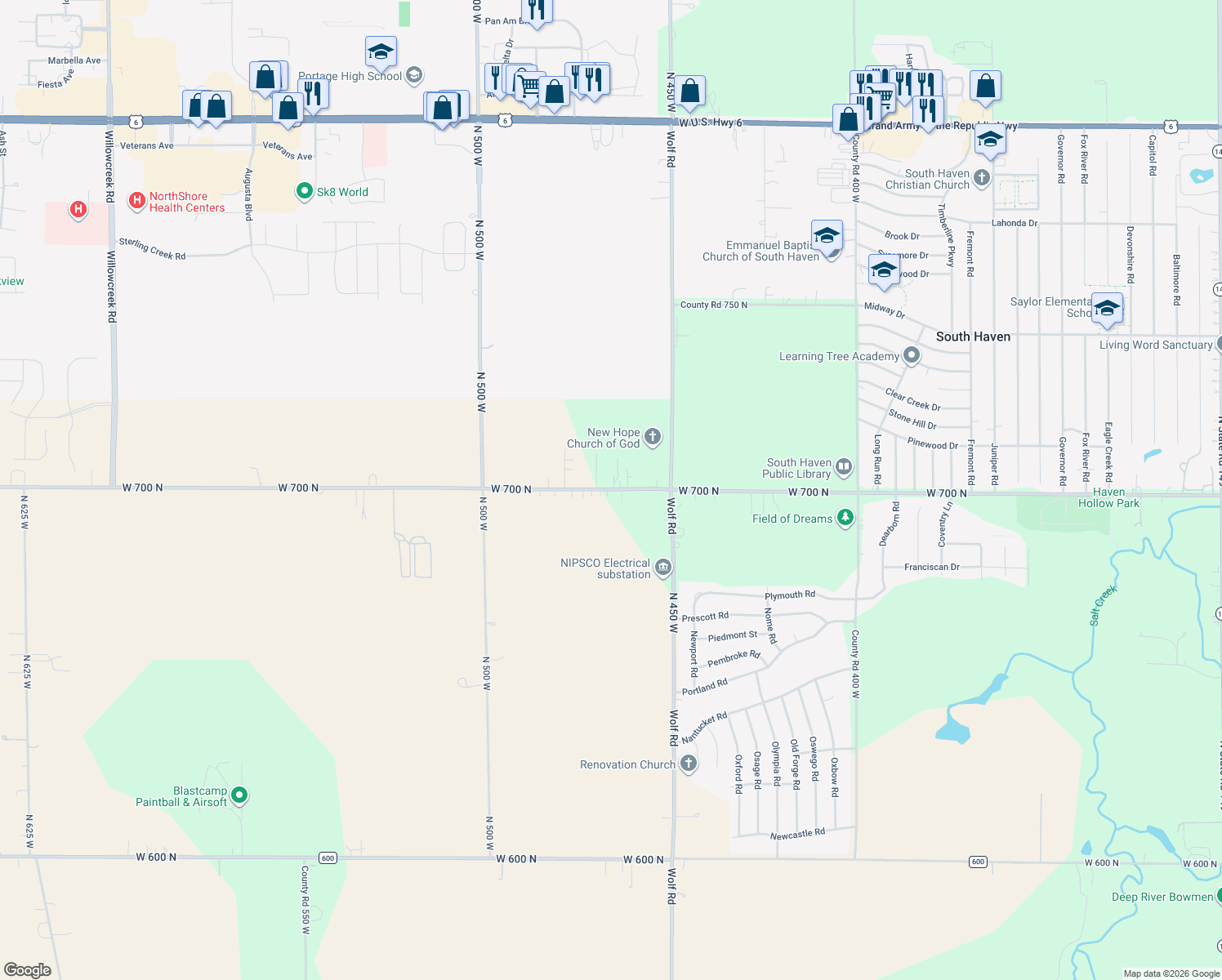 map of restaurants, bars, coffee shops, grocery stores, and more near 442-450 West 700 North in Valparaiso