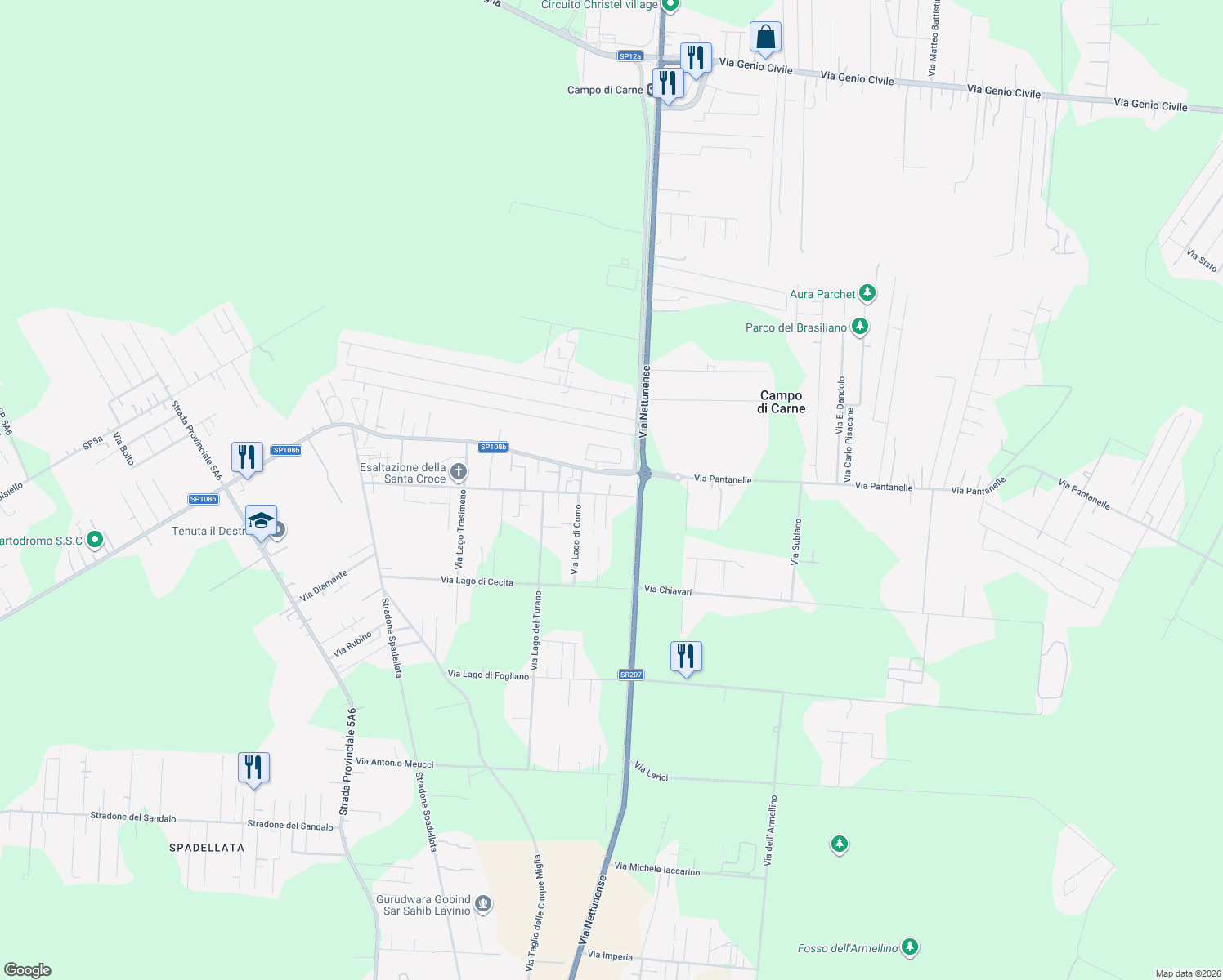 map of restaurants, bars, coffee shops, grocery stores, and more near 95 Via Lago Maggiore in Nettuno