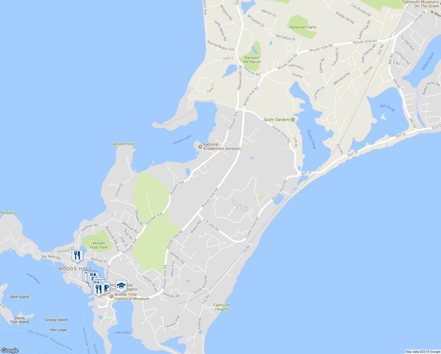 map of restaurants, bars, coffee shops, grocery stores, and more near 331 Woods Hole Road in Falmouth