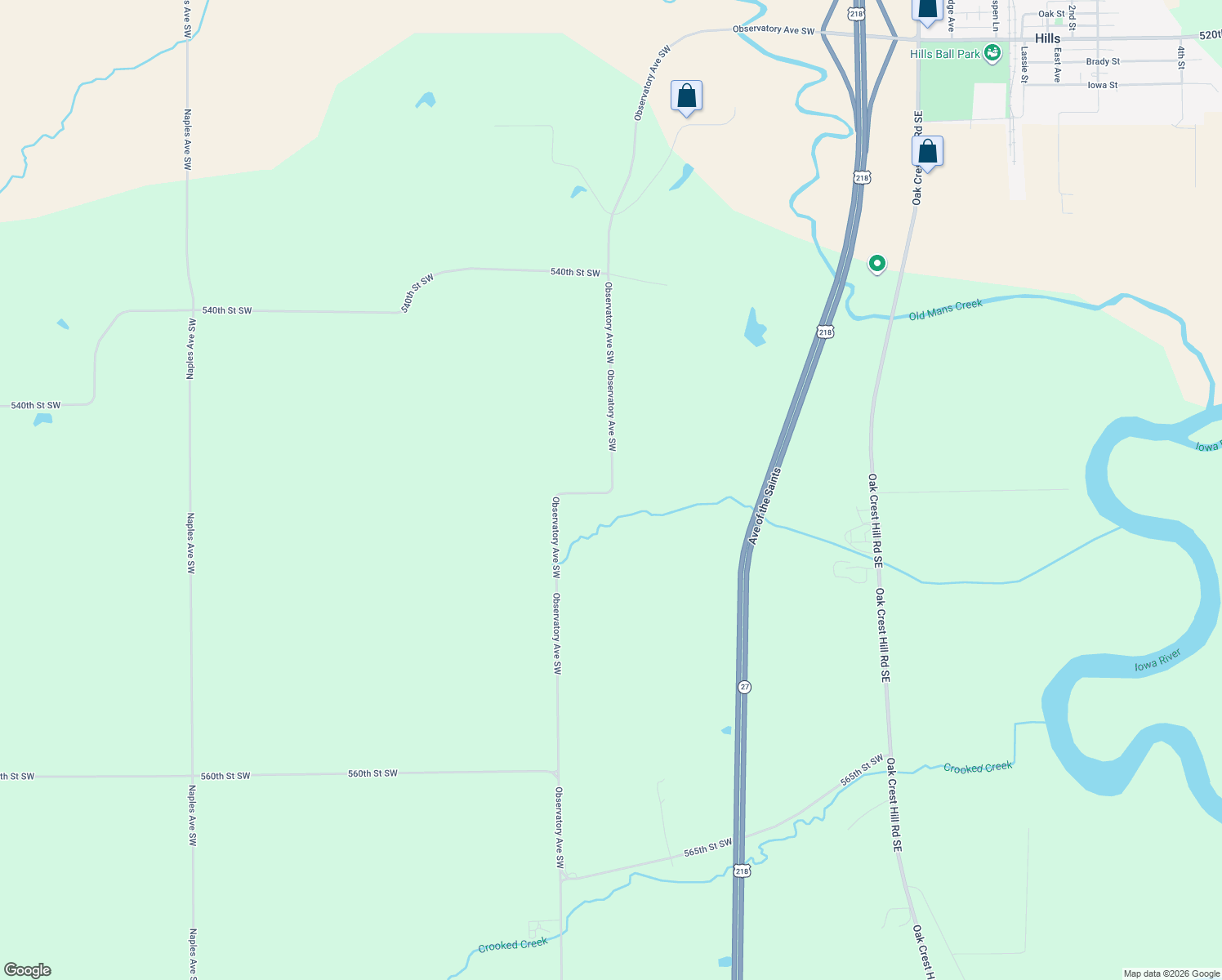 map of restaurants, bars, coffee shops, grocery stores, and more near Observatory Avenue Southwest in Johnson County