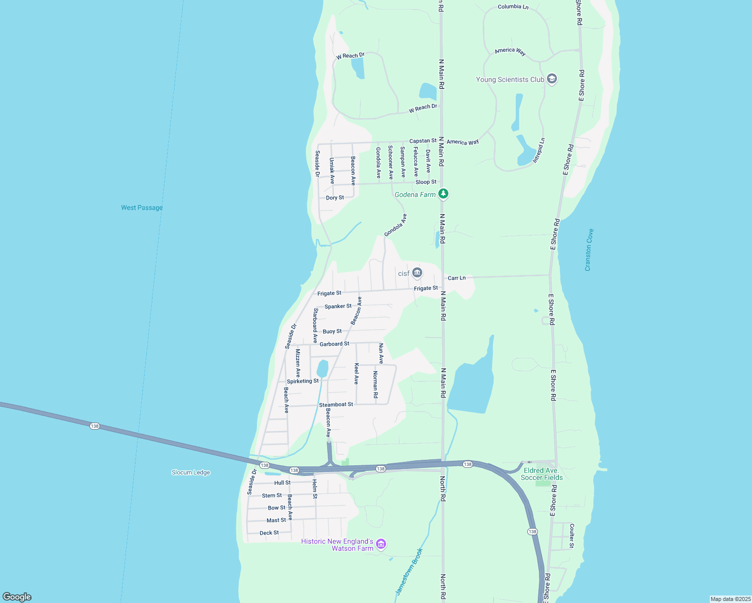 map of restaurants, bars, coffee shops, grocery stores, and more near 12 Spanker Street in Jamestown