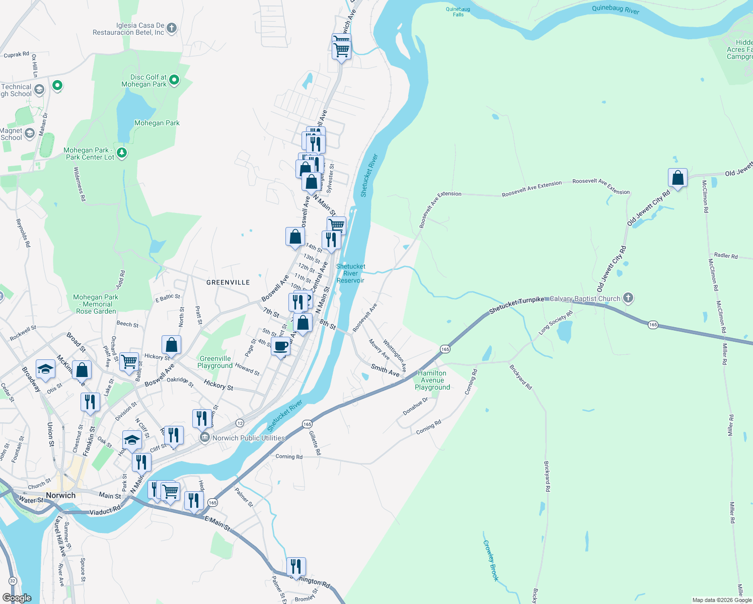 map of restaurants, bars, coffee shops, grocery stores, and more near 72 Roosevelt Ave in Norwich