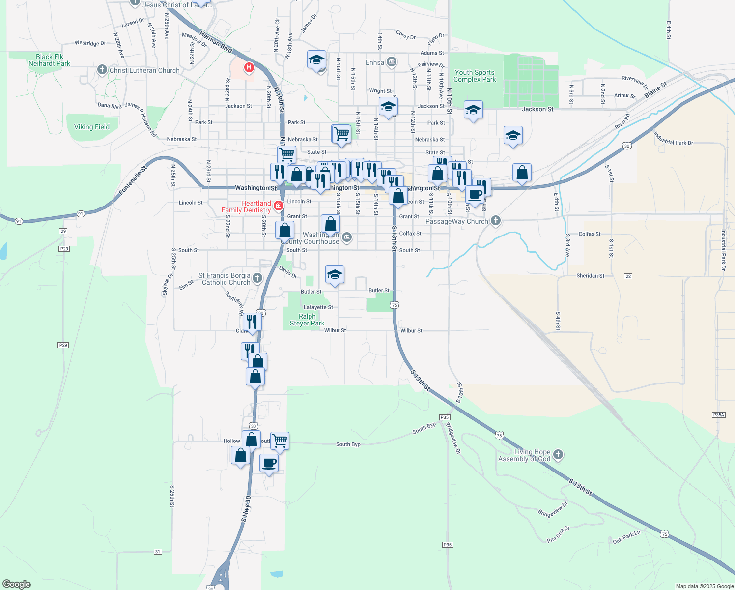 map of restaurants, bars, coffee shops, grocery stores, and more near 1433 Butler Street in Blair