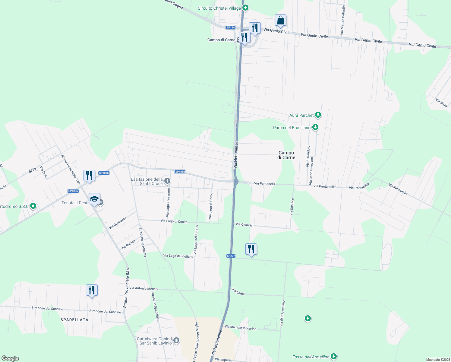 map of restaurants, bars, coffee shops, grocery stores, and more near 95 Via Lago Maggiore in Nettuno