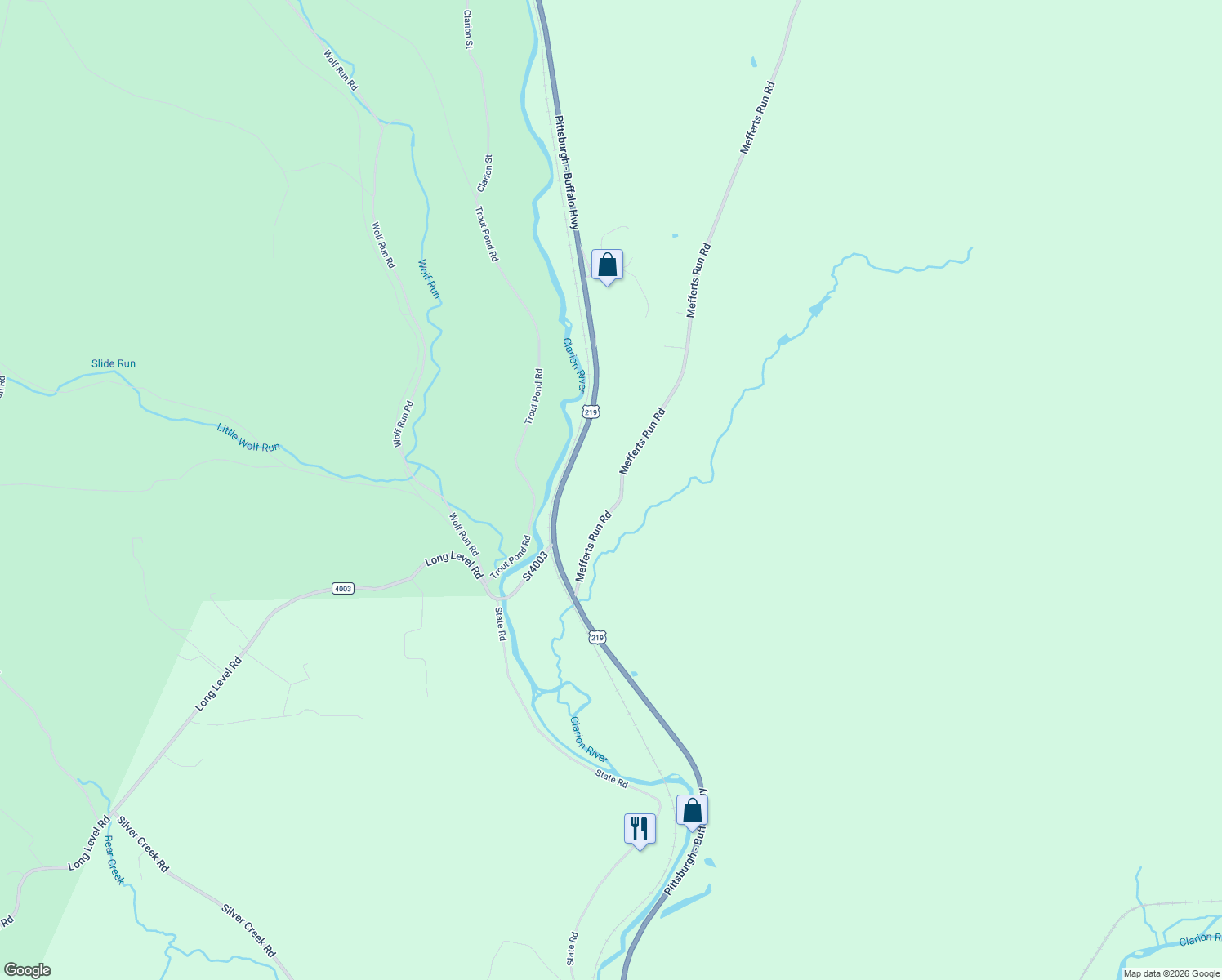 map of restaurants, bars, coffee shops, grocery stores, and more near 275 Mefferts Run Road in Wilcox