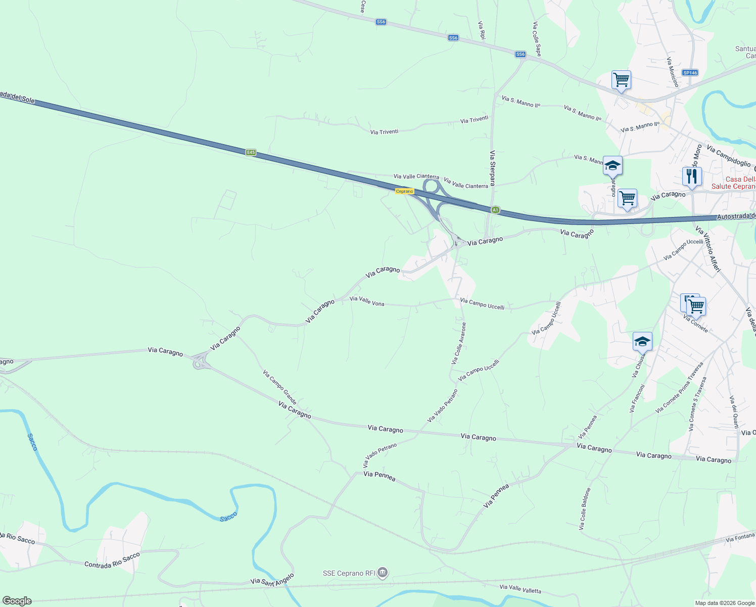 map of restaurants, bars, coffee shops, grocery stores, and more near 53 Via Caragno in Ceprano