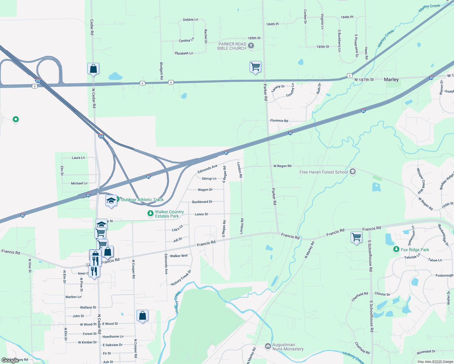 map of restaurants, bars, coffee shops, grocery stores, and more near 1620 South Regan Road in New Lenox