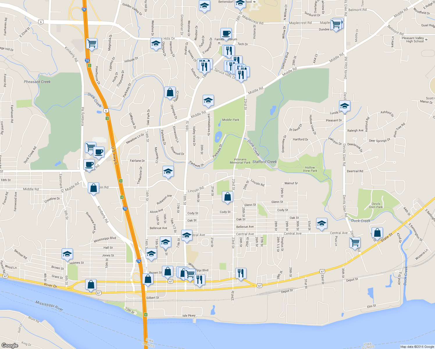 map of restaurants, bars, coffee shops, grocery stores, and more near 1543 Forest Hills Road in Bettendorf