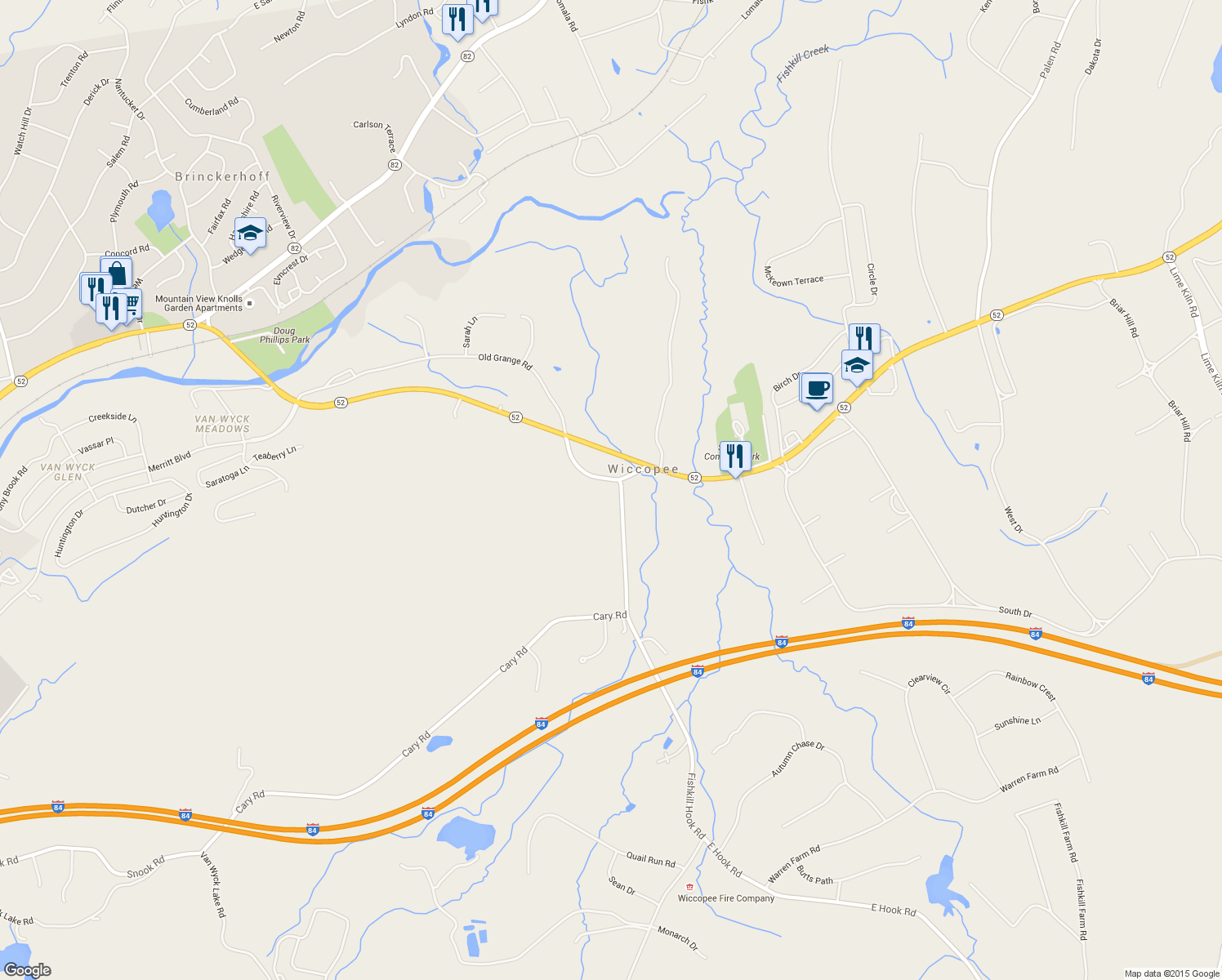 map of restaurants, bars, coffee shops, grocery stores, and more near 27 Fishkill Hook Rd in Hopewell Junction