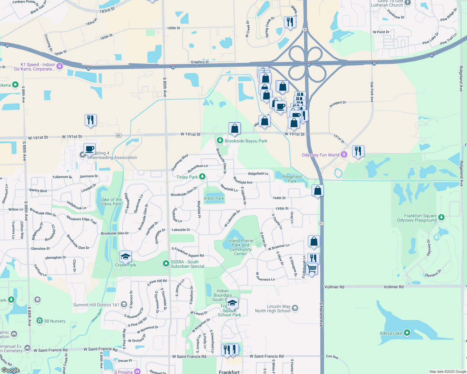 map of restaurants, bars, coffee shops, grocery stores, and more near 7616 Newfield Lane in Tinley Park