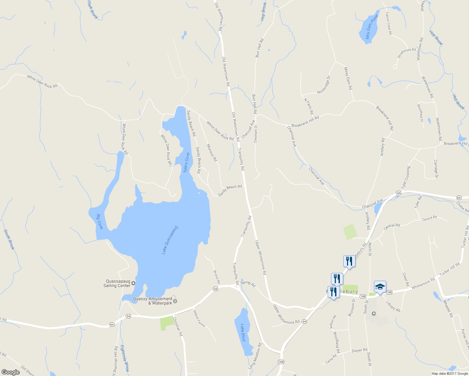 map of restaurants, bars, coffee shops, grocery stores, and more near 17 Sandy Beach Road in Middlebury