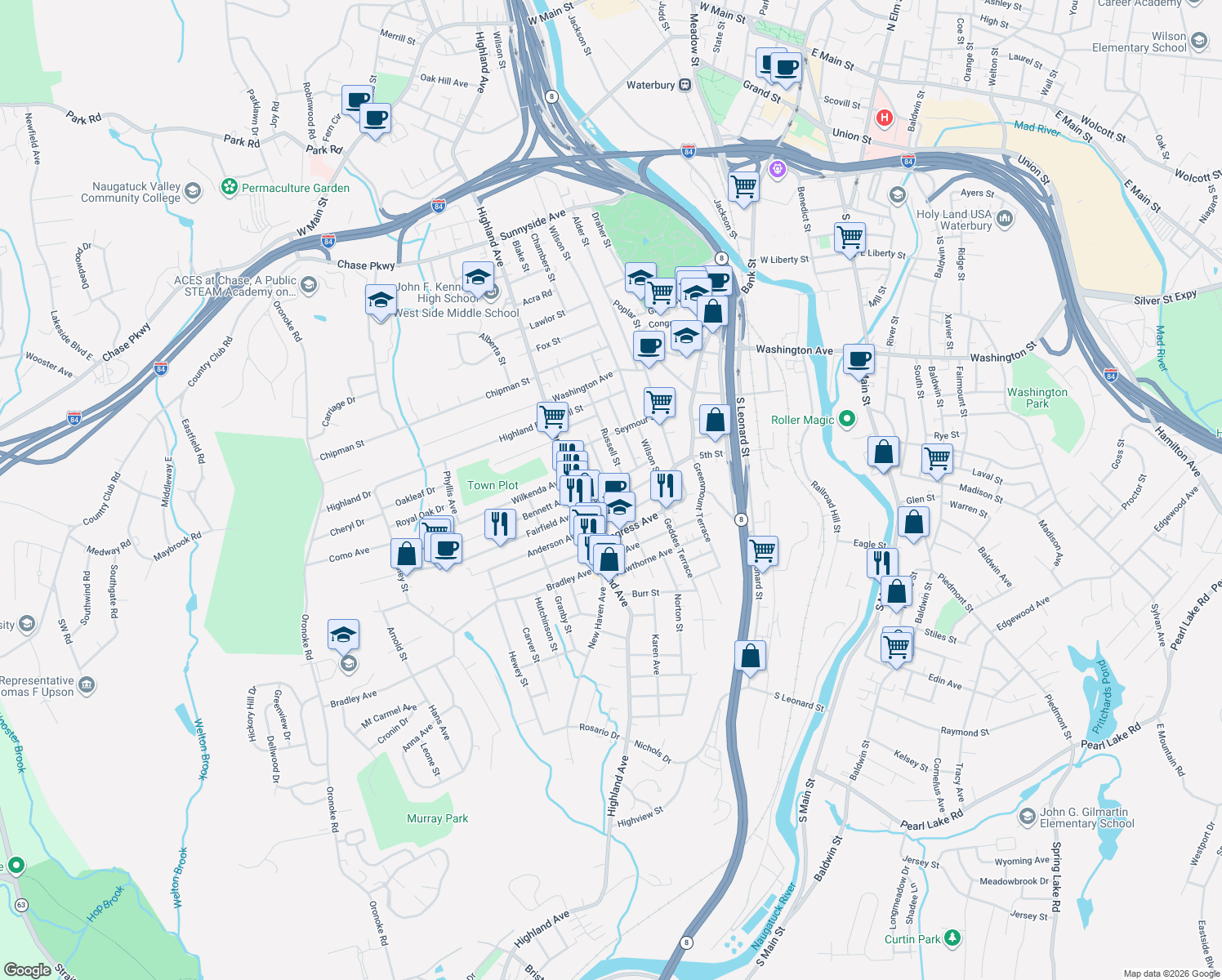 map of restaurants, bars, coffee shops, grocery stores, and more near 118 Francis St in Waterbury