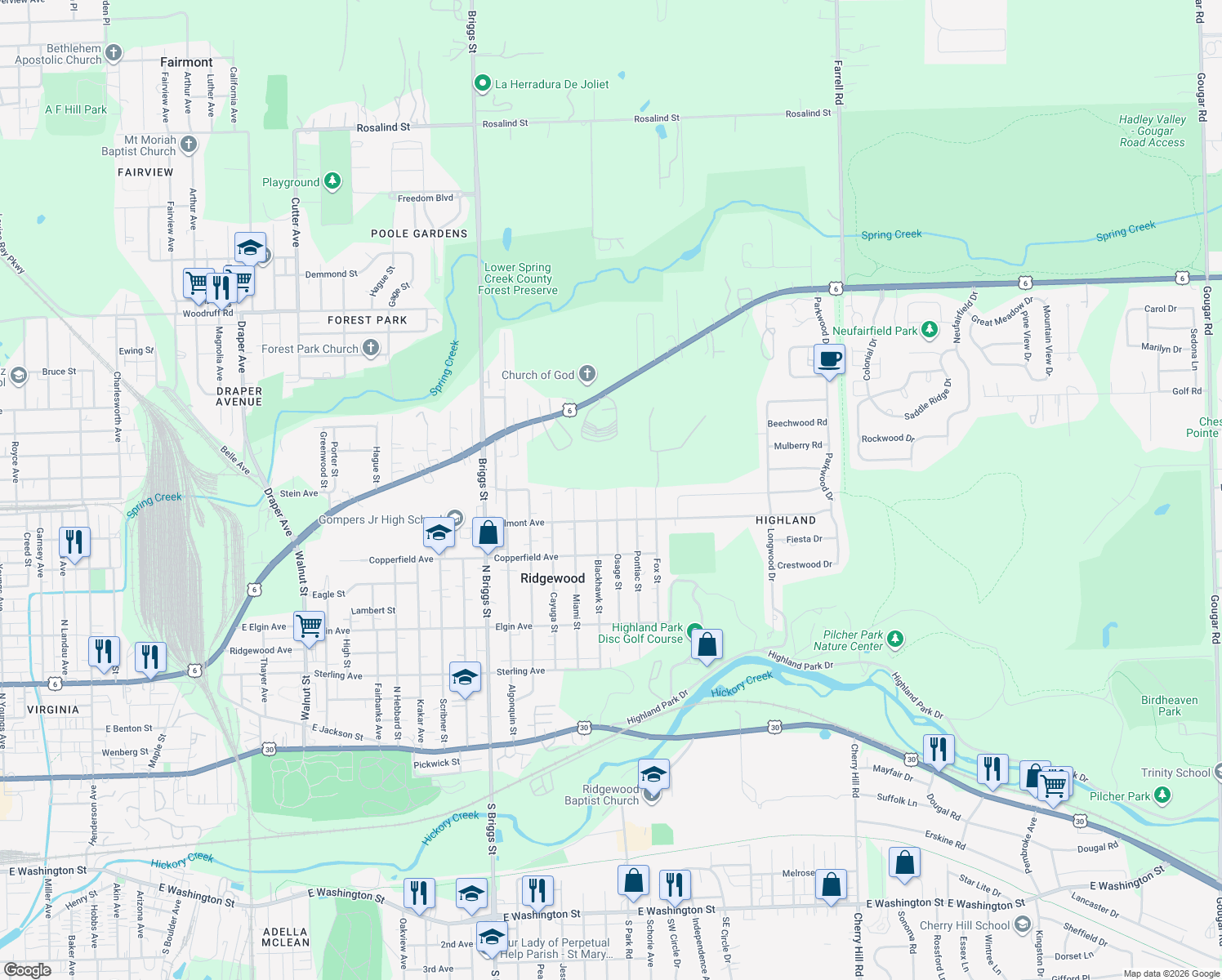 map of restaurants, bars, coffee shops, grocery stores, and more near 717 Osage Street in Joliet