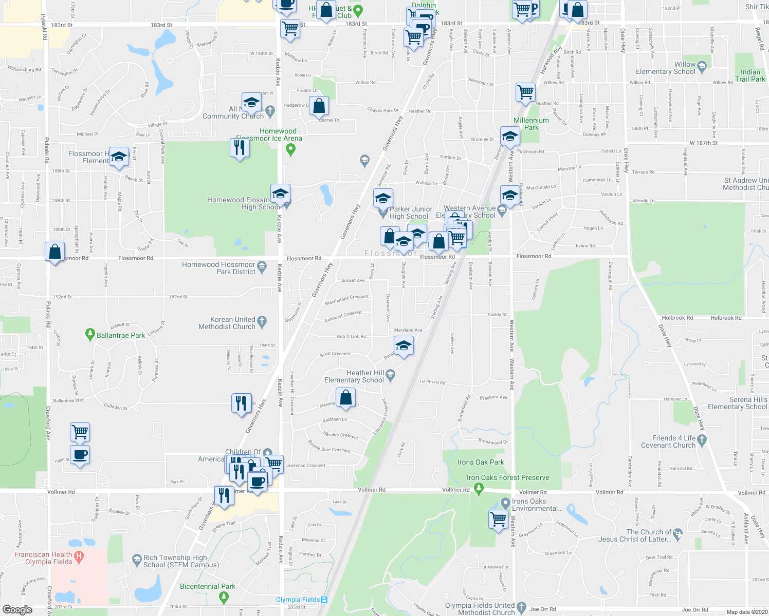 map of restaurants, bars, coffee shops, grocery stores, and more near 1238 Oakmont Avenue in Flossmoor