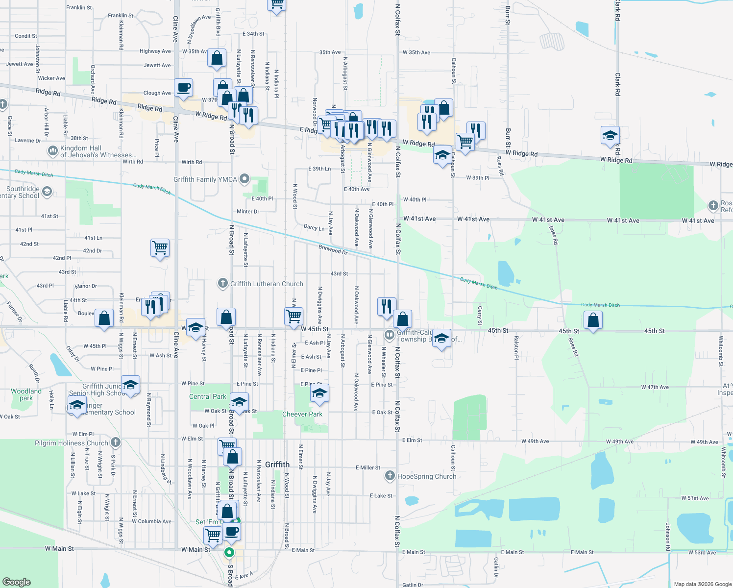 map of restaurants, bars, coffee shops, grocery stores, and more near 1014 North Glenwood Avenue in Griffith