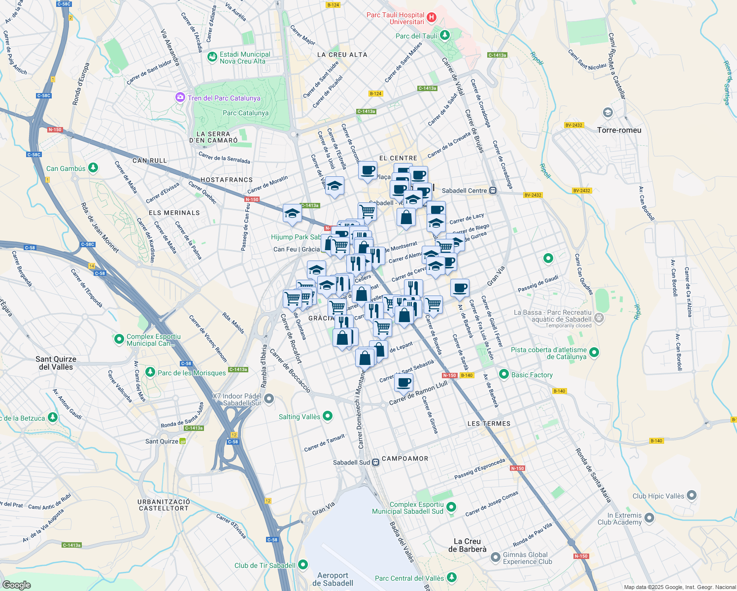 map of restaurants, bars, coffee shops, grocery stores, and more near 176 Carrer de Roger de Flor in Sabadell