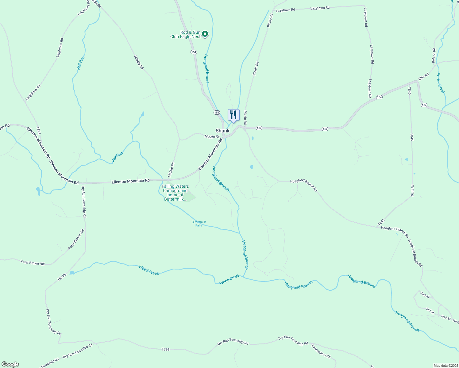 map of restaurants, bars, coffee shops, grocery stores, and more near Gin Mill Lane in Shunk