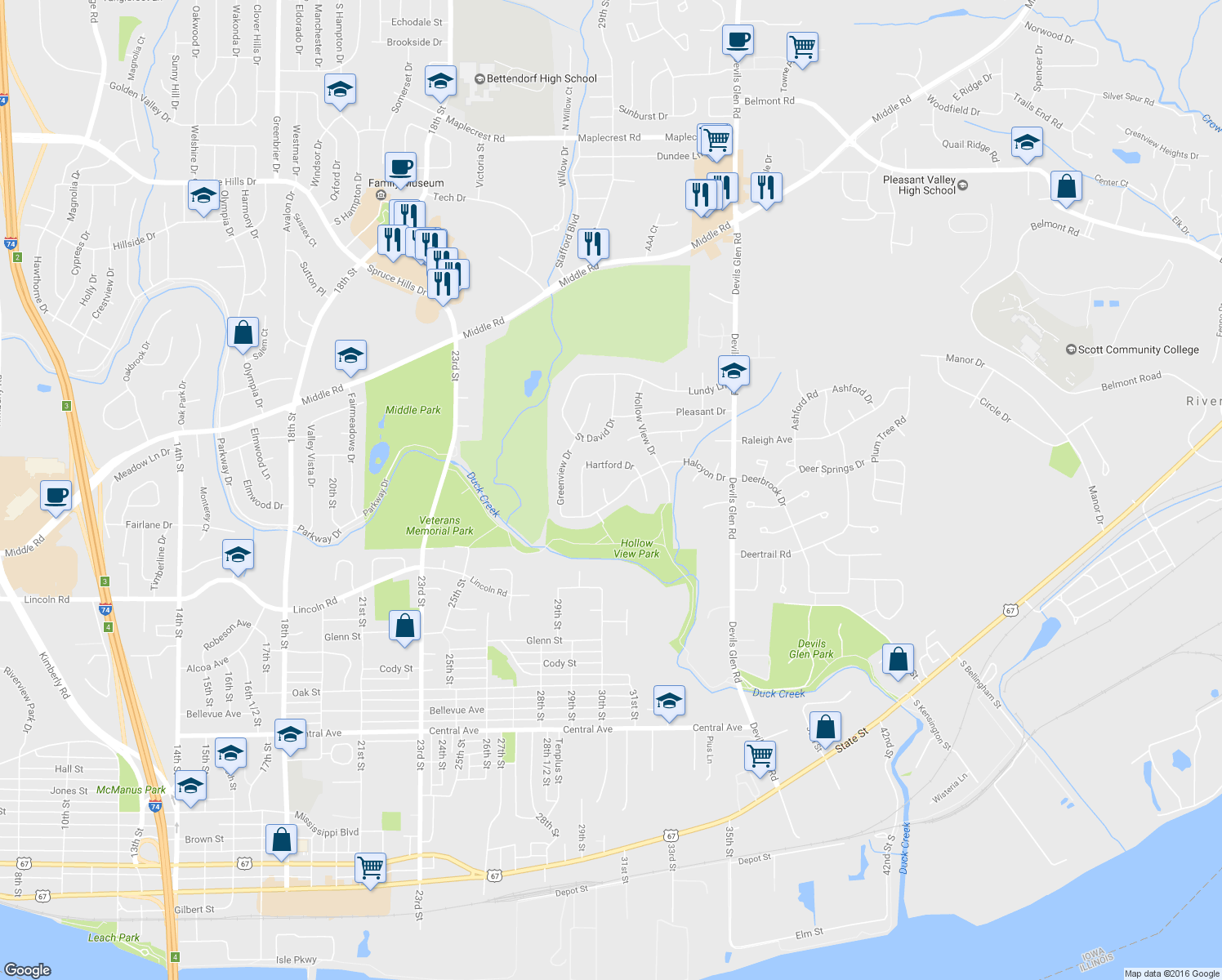 map of restaurants, bars, coffee shops, grocery stores, and more near 2915 Sun Valley Court in Bettendorf